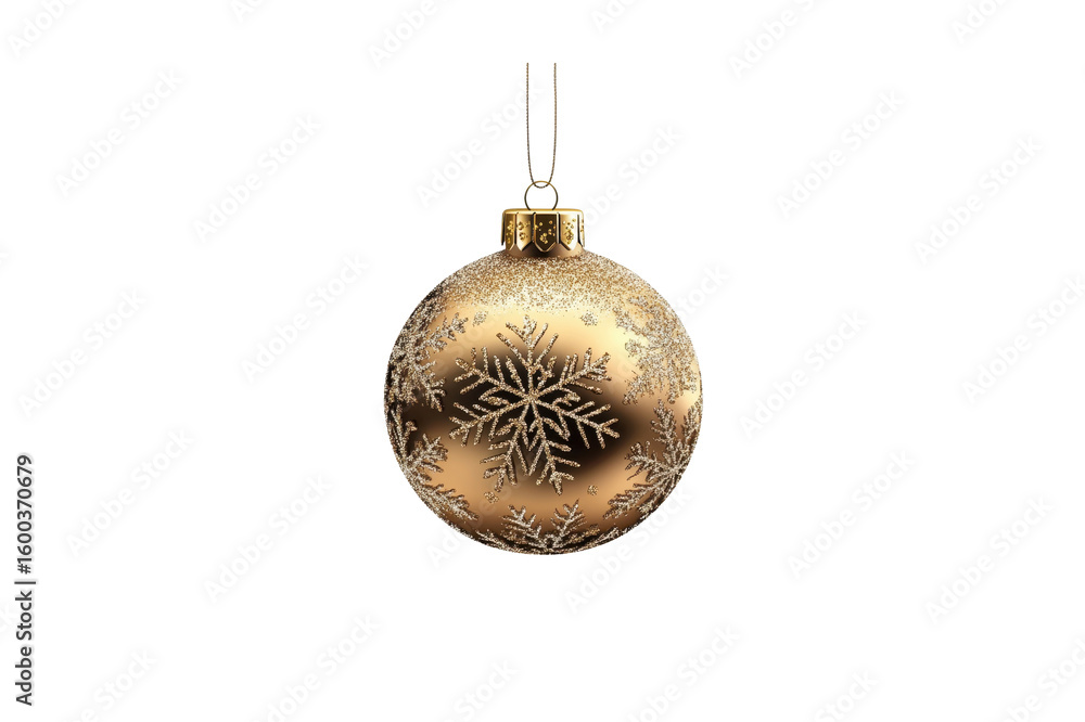Poster a single glittering gold christmas ornament featuring intricate snowflake patterns hangs from a slen
