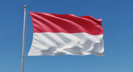 A realistic 3D illustration of the flag of Indonesia fluttering in the wind on a metal pole against a blue sky.
