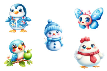 Obraz premium Cute cartoon characters a cheerful penguin happy snowman vibrant butterfly small bird and a sweet baby chick isolate