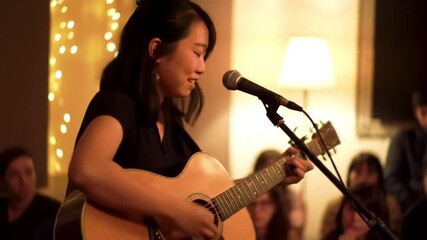Young woman performing live music with an acoustic guitar in a cozy caf? setting, audience engaged