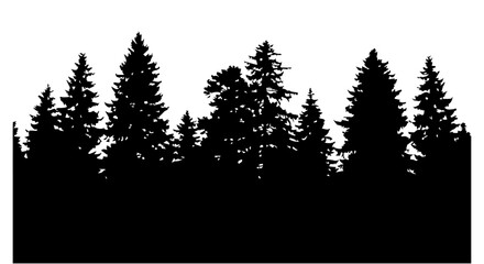 Fototapeta premium Vector art of a dense silhouette of various pine trees creates a striking black and white border against a clean