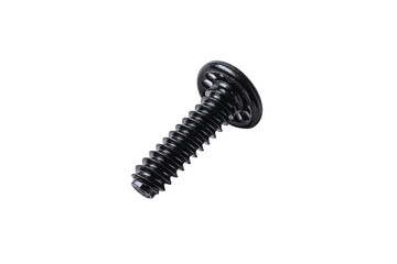 Close up studio shot of a single black metal screw with a threaded shaft and a wide truss head angled view isolated