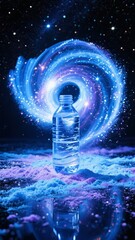 A glass bottle filled with water floats amidst a cosmic, swirling galaxy backdrop with reflective surface below.