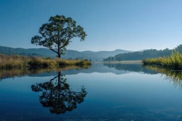 Still lake mirroring a tree on the bank with hills in the background on clear day