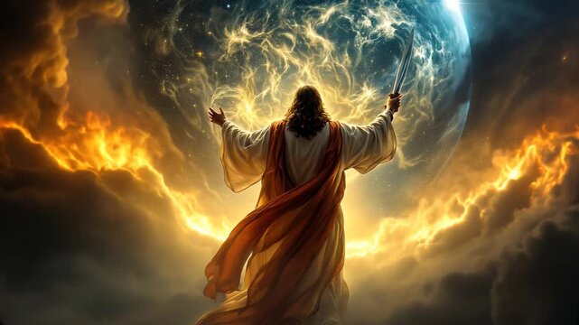 A dramatic and symbolic image of Jesus seen from behind, holding a sword as He returns to Earth during the Second Coming. 