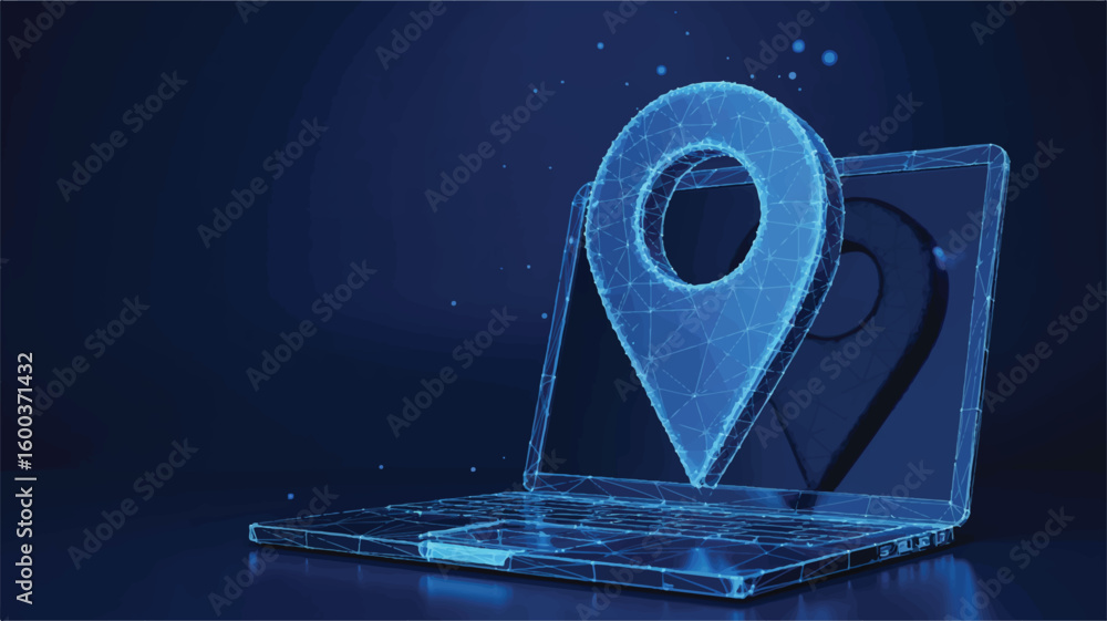 Poster Digital Location: A glowing digital map marker hovers over a laptop screen, representing precise geographical data and symbolizing online navigation.