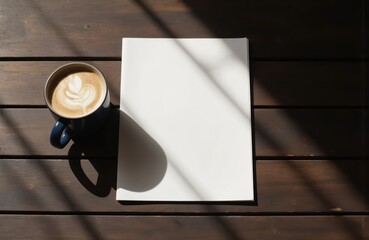 Coffee cup with latte art, blank white menu on rustic wooden table. Morning light creates shadows. Perfect for business proposals, creative ideas, cafe mockups. Inspires productivity, fresh concepts.