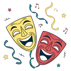 Yellow and red theater masks with ribbons and stars