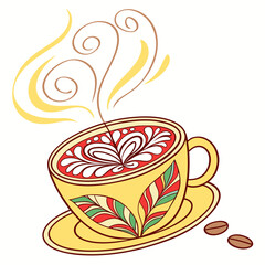 Yellow coffee cup with ornate latte art and steam saucer