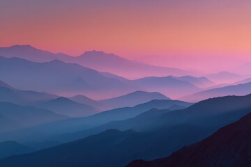 Obraz premium Majestic misty mountains display gradient of colors from pink sunset to blue shadows