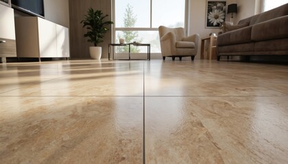 Polished travertine tiles create warm, elegant flooring in modern living room. Natural stone in beige, light brown hues offers luxurious, clean aesthetic. Sunlight streams through large window,