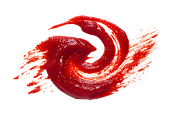 Swirling red ketchup splash on a white background, ideal for food advertisements and culinary uses