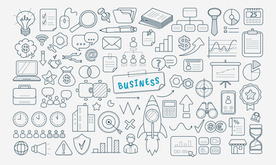 Business Doodle HandDrawn Icon collection for Marketing and Financial Concepts, Business design element, Background, White color 