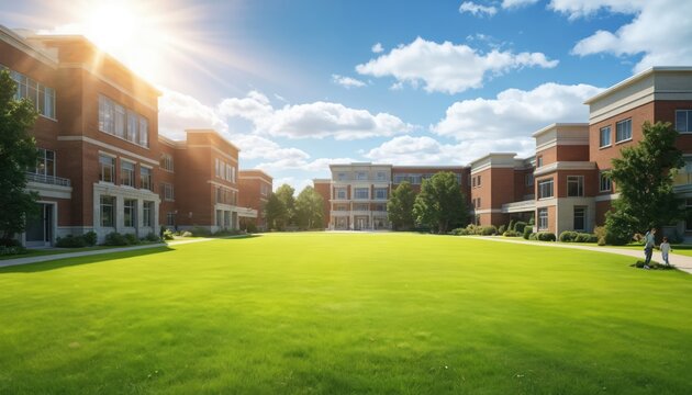 Sunny school campus courtyard featuring vibrant green lawn surrounded by brick buildings. Bright sunlight illuminates scene under clear blue sky with fluffy clouds. Trees, foliage add to serene,