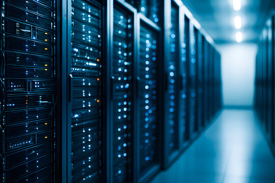 Modern Data Center Corridor with Rows of Server Racks and Blinking Lights &ndash; Blue Tone Technology Background