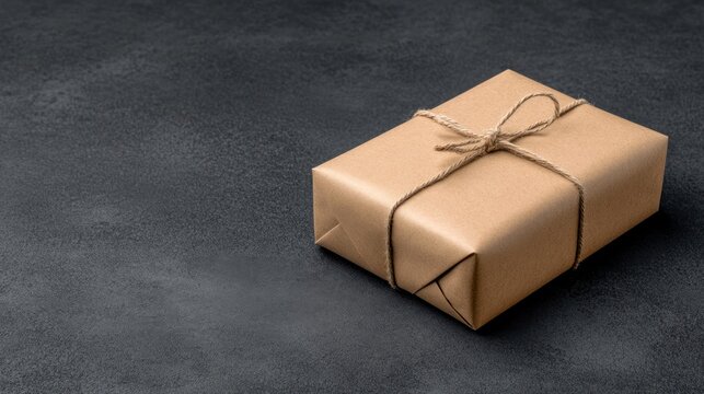 A Simple Brown Package Tied with Twine on a Dark Surface