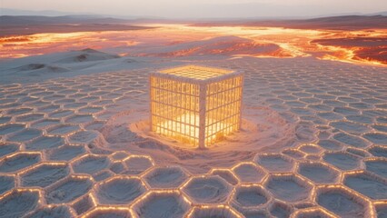 Illuminated Cube on a Honeycomb Patterned Desert at Sunset