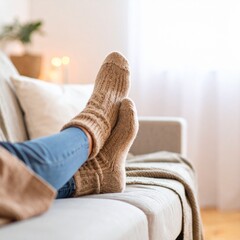 woman relaxing on the couch, feet up in wool socks