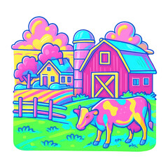 Fototapeta premium PNG Vibrant farm scene with colorful cow.