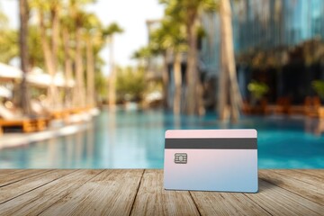 Naklejka premium A credit card on a wood table Pool palm trees and a resort in the background