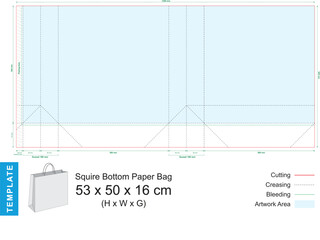 Squire Bottom Paper Bag Template with Dimensions, Cutting, Creasing, and Artwork Area