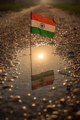 Quiet Morning Reflection of Indian Flag in Water Puddle with Dew-Covered Ground and Rising Sun