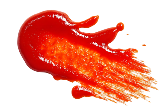Vivid red sauce splatter on a white background, showcasing texture and color for culinary use