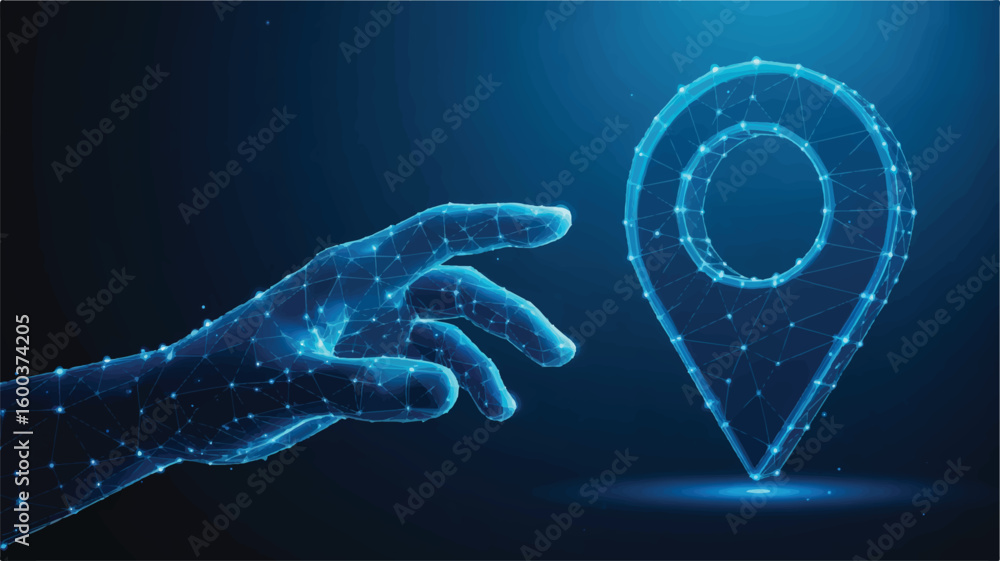 Poster digital location: a digital hand interacts with a luminous location marker, symbolizing technologica