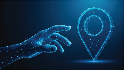 Digital Location: A digital hand interacts with a luminous location marker, symbolizing technological innovation and the significance of digital mapping.