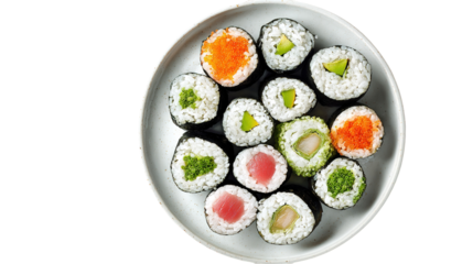 Set of sushi and maki with soy sauce over blue stone background. Top view with copy space