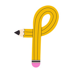 Hand drawn twisted curved pencil. Funky, flexible school pencil in shape of number one. For designing diaries, schedules, posters, billboards, banners