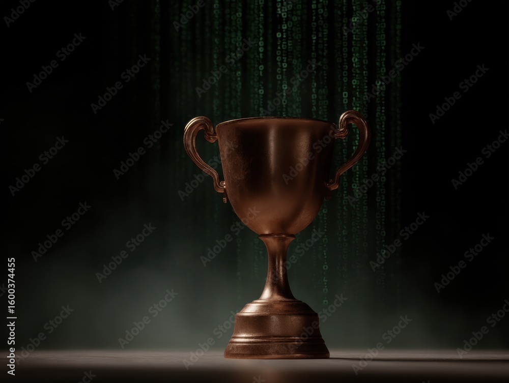 Poster bronze trophy cup with falling matrix code background for futuristic design