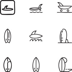 Fototapeta premium Surfboard vector icon set editable stroke,outline surfboard,fin,surfing,surf,beach,wave,board,water sport,summer,travel,ocean,vacation icon set