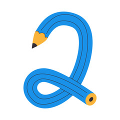 Hand drawn twisted curved pencil. Colorful funky, flexible school pencil in shape of number two. School stationery. For designing diaries, schedules, posters, billboards, banners