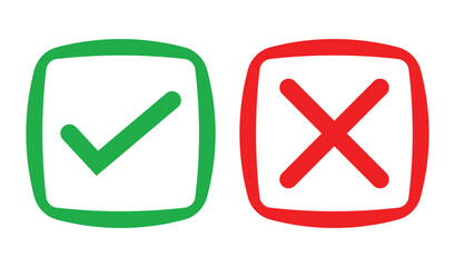 Simple illustration of a green check mark and red cross inside outlined squares on white background. Bold lines, solid colors, and minimal design for clear marking or indication concepts.