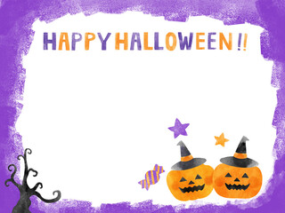 ハロウィンの水彩イラストフレーム　紫