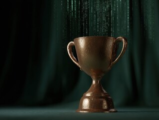 Bronze trophy with matrix code background for futuristic achievement concept
