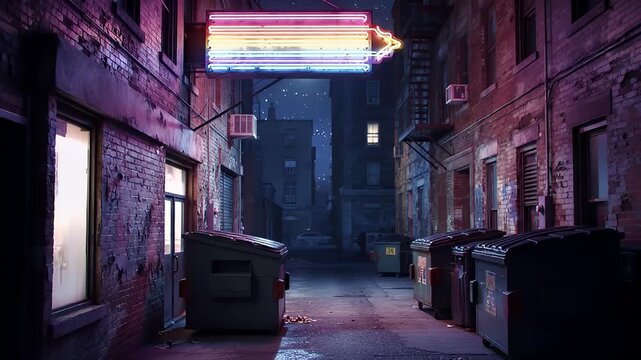 Narrow alleyway at night with dumpsters, lit by a neon sign in the distance