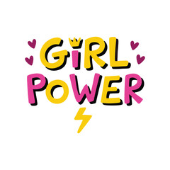 Yellow and pink girl power text with crown and lightning bolt lettering typography