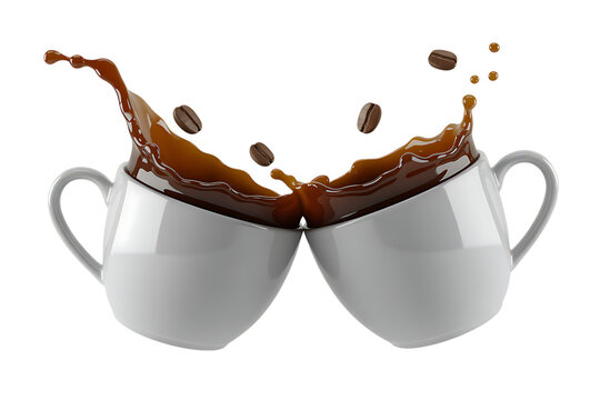 Spectacular coffee collision with flying beans two white mugs splashing aromatic brew on black background caffeine boost morning energy