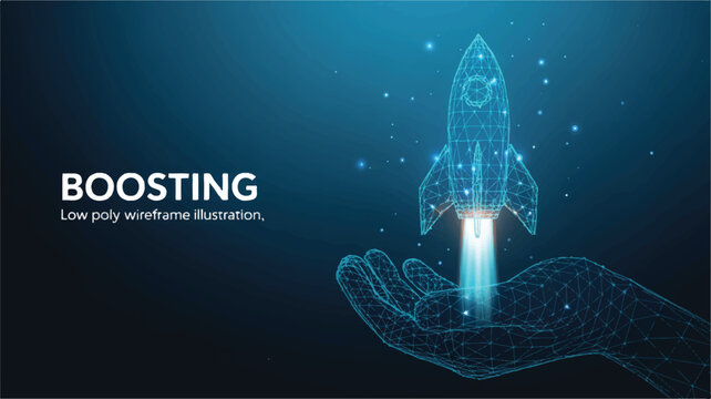 Digital Launch: A low poly wireframe illustration of a hand cradling a rocket, symbolizing growth and the beginning of something new against a blue backdrop.