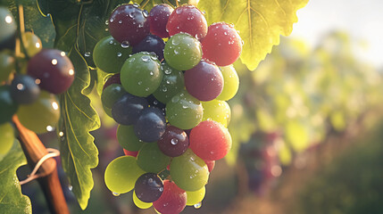 Close-up of a ripe cluster of red and green grapes, dewdrops on leaves, natural lighting