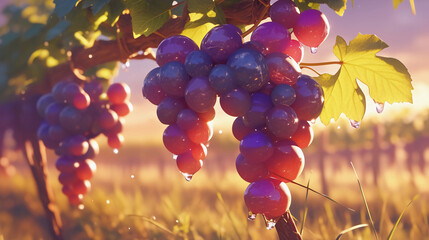 Close-up of fresh, ripe grapes with dew droplets on vines, vivid color contrast, photorealistic