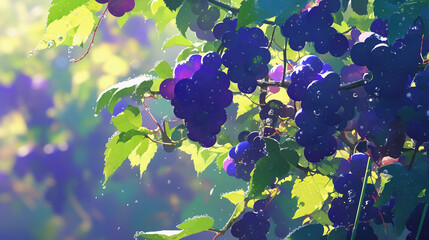 Close-up of berry bunches, fresh and dewy, sunlight hitting vibrant purple and green tones