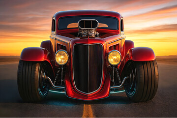 Epic Custom Hot Rod Coupe with Oversized Wheels and Chrome Engine in Arid Landscape, Classic American Automotive Power, car transport background