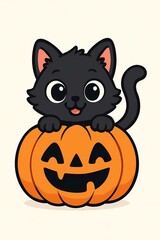 Cute Black Cat Peeking Over Halloween Pumpkin