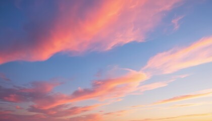 Fototapeta premium Vibrant sunset sky filled with soft pink, orange clouds against gradient of blue. Wispy cirrus formations stretch across horizon. Atmospheric image captures beauty of twilight, perfect for serene