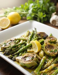 Grilled asparagus, artichokes with olive oil, fresh herbs served on white plate. Healthy dish perfect for balanced diet meals, lunch or dinner, featuring organic ingredients, culinary preparation.