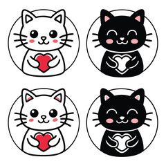 Fototapeta premium Four kawaii cats holding red hearts in circles cute animal illustrations