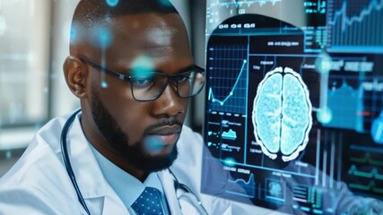 Doctor reviewing brain scan data on a futuristic monitor - Powered by Adobe